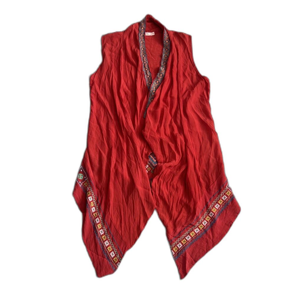 Kyla Seo Cardigan Womens Small Embroidered Open Front Sleeveless Boho Coral